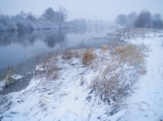 A foggy morning covered the winter river