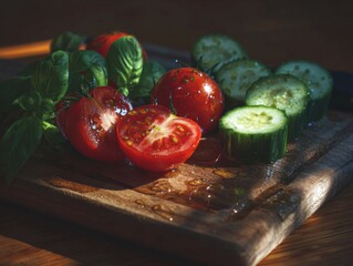 Washed cherry tomatoes, a basil sprig, and cucumber slices presenting healthy garden produce