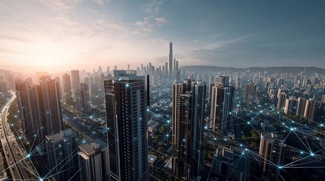 Smart cityscape with modern skyscrapers and glowing network connections