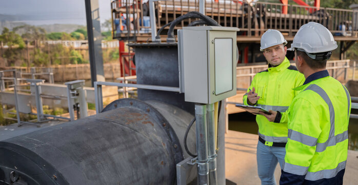 Two Asian engineers inspecting electrical control cabinet at irrigation waste trap station. Professional technicians checking water management system and monitoring hydraulic equipment outdoors.