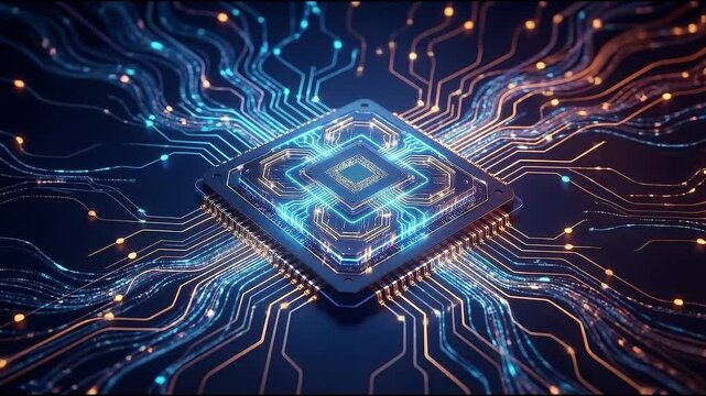 Futuristic processor computer chip artificial intelligence data digital circuit technology neon network hardware glowing motherboard electronic energy power connection cyber innovation high tech blue