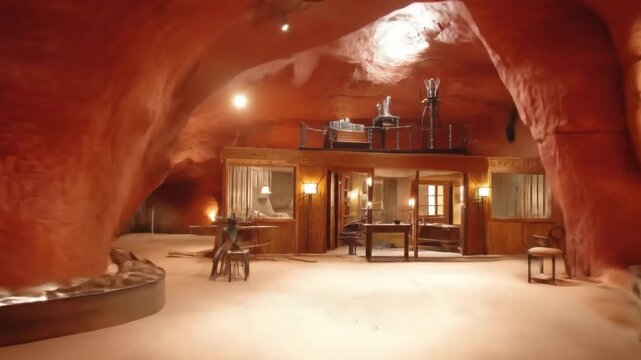 A cavernous, warm-toned interior with sculpted walls, lights, and a mezzanine. Furniture is visible