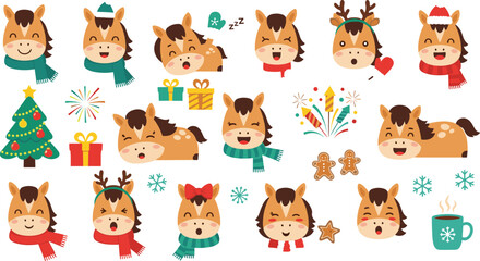 Cute Christmas deer sticker set with gifts, snowflakes, scarves, reindeer faces, icons © EdGe Creative