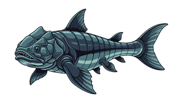Detailed illustration of an ancient prehistoric armored fish with thick scales and sharp teeth, representing extinct marine wildlife and evolution.