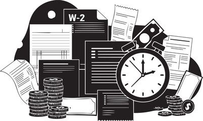Tax time vector silhouette illustration with W2 papers and coins