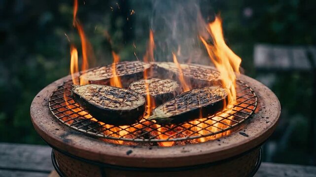 Outdoor clay chiminea, burning firewood, warm backyard ambiance, rustic garden fire pit