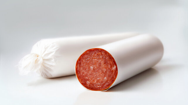 Sausage chub cut in blank white pack mockup, ai generate. Empty plastic cover on preserved salami half lying mock up, depth of field background. Sealed meat pepperoni package template.