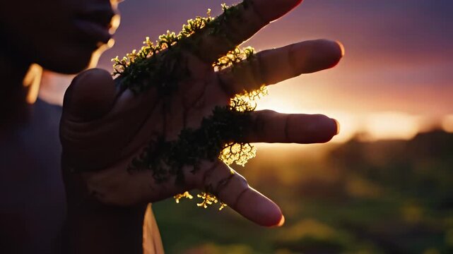 Hand Holding Moss with Sunlight Glowing Through at Sunset