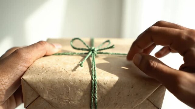 Close up of hands holding a gift wrapped in brown paper with green string. It represents celebration and thoughtful giving for Women's Day. Perfect for holiday marketing content.