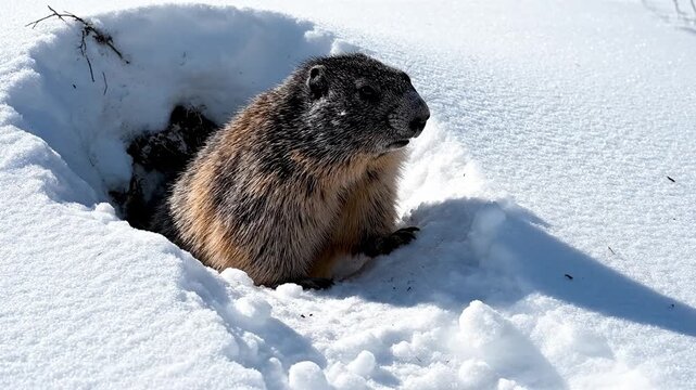 A marmot looks out from its winter burrow in deep snow. This scene captures the end of hibernation and the start of spring. Ideal for nature documentaries and wildlife education.