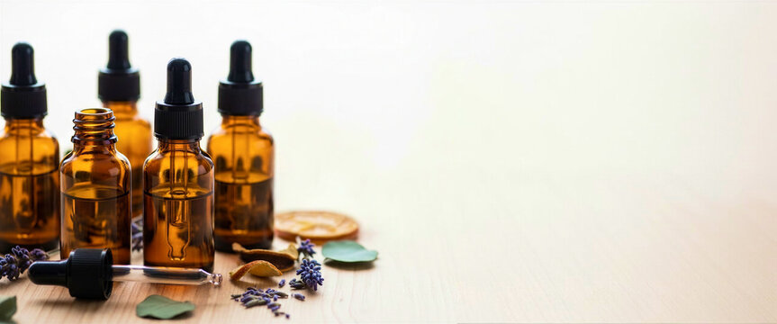 Aromatic oil bottles for inhalation on wooden table with herbs  