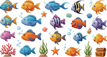 Fototapeta premium Cute tropical fish sticker set with bubbles, coral, seaweed, starfish, shells, treasure