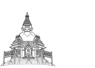 Obraz premium Intricate line drawing of a Buddhist stupa with Buddha statue and prayer wheels
