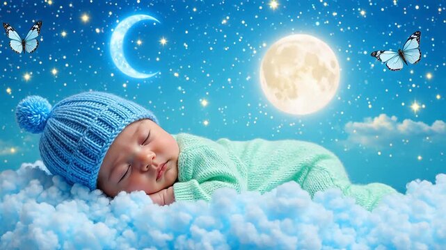 Baby sleeping on clouds with moon and stars