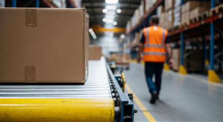 Fototapeta premium Cardboard box on conveyor belt in a large warehouse with worker in background