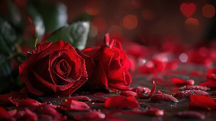 Close-up view of two deep red roses covered in tiny water droplets among scattered petals