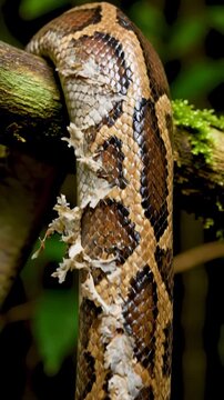 Close-up of a Python Snake coiled around a Tree Branch in a Lush Forest.