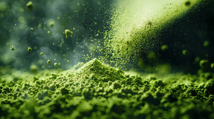 Vibrant Green Powder with Dust Particles in Dramatic Light Effect