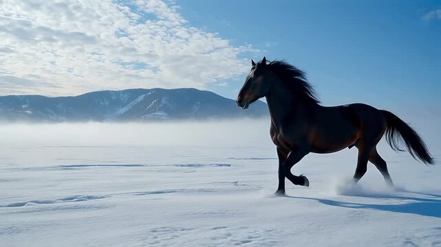 Black horse galloping on snowy field