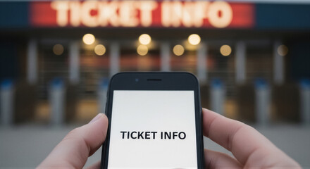 Person holding smartphone with ticket info in front of stadium entrance, digital ticketing concept