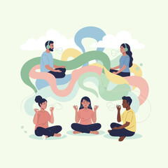 Obraz premium Diverse group meditating with headphones in a serene setting.