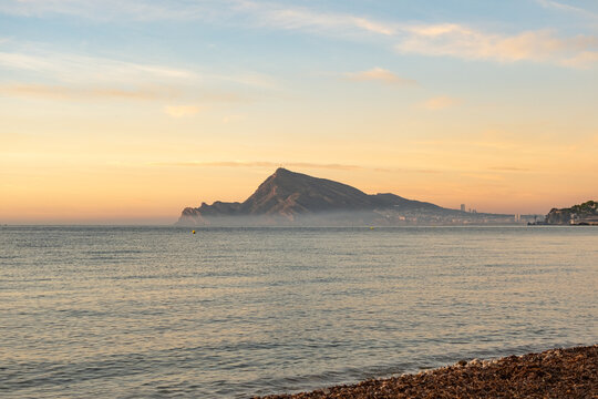 Sunset view by the beach in Altea, Spain with mountains view