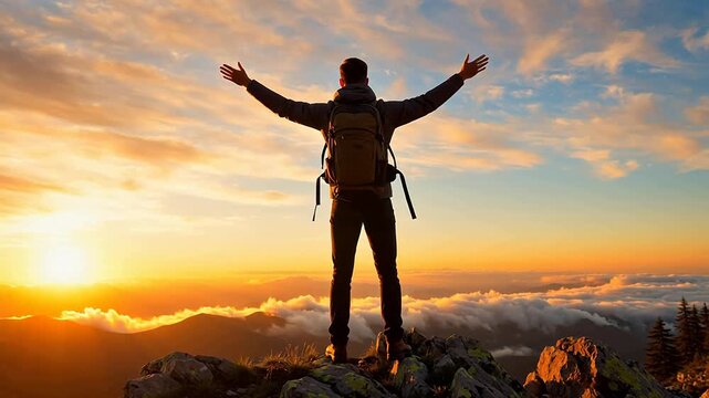 Hiker with arms raised at mountain peak