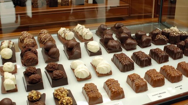 Candies made of chocolate are arranged in a display case showing different shapes and flavors during the day