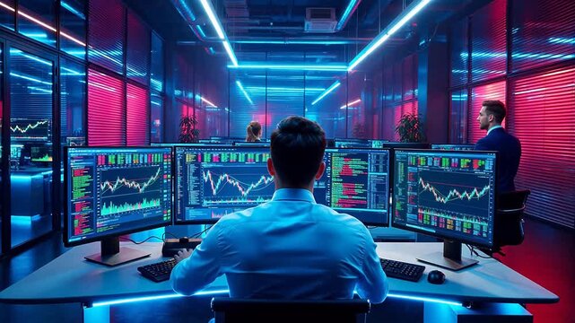 Office workers analyzing data on multiple screens