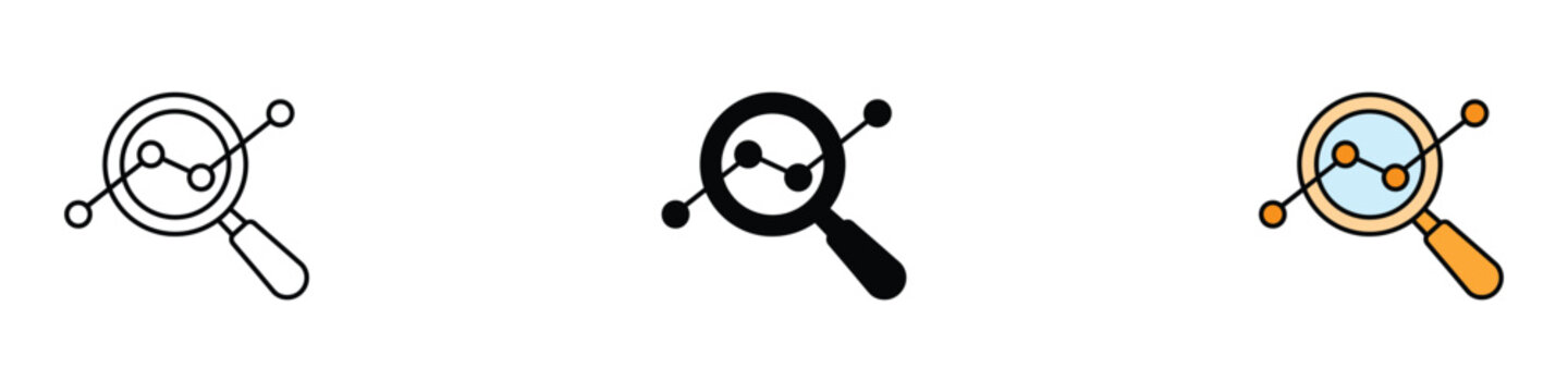 Data analysis icon vector. Magnifying glass with line graph symbol for business insight, market research, statistics tracking, and financial monitoring set. Vector Illustration.
