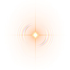Warm golden yellow lens flare, abstract circular light burst with rainbow rings, shining sun star, bright energy glow on transparent background