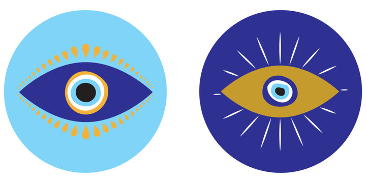 Icons of talismans for evil eye. Turkish or Greek symbols. Nazar, magic amulet, exoteric. Hand drawn blue mystical icons. Isolated vector illustration in doodle style.
