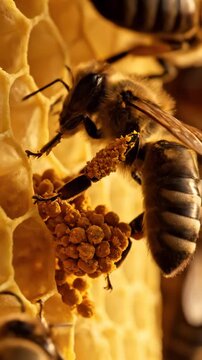 Close-up of a bee collecting pollen on a honeycomb.