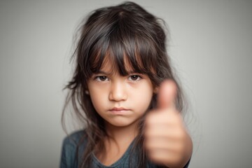 Fototapeta premium Young latina girl holding thumb up while looking neutral.