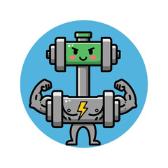 Fototapeta premium Cartoon dumbbell character with muscular arms.