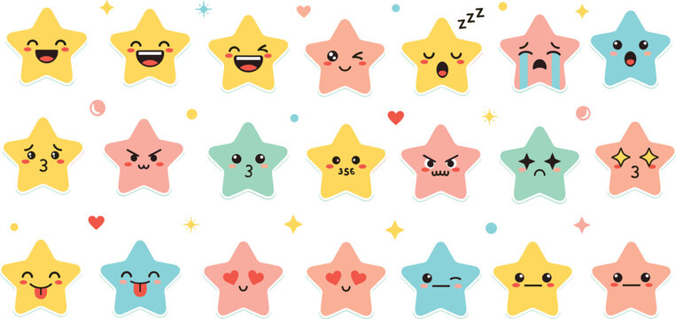 Pastel kawaii star emoji sticker set with cute facial expressions