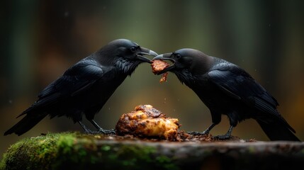 Fototapeta premium Two striking ravens engage in a dramatic exchange over a piece of food, set in a lush forest, showcasing their intelligence and social behavior in the wild.