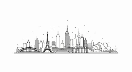 Obraz premium Iconic city skylines from around the world are depicted in a minimalist black and white line drawing