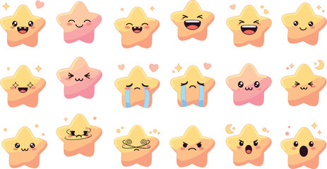 Fototapeta premium Kawaii star emoji sticker set with cute cartoon facial expressions