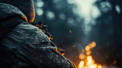 Naklejka premium A soldier preparing to aim a rifle in a forested area illuminated by campfire light, emphasizing themes of focus, readiness, and the challenges of military life.