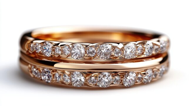 A pair of exquisite gold wedding rings adorned with sparkling diamonds exudes elegance and love, symbolizing commitment and the beauty of lasting relationships.