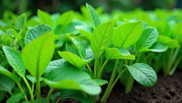 A backyard vegetable garden showing mature Malabar spinach plants laden with fresh leaves 