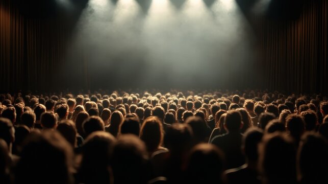 A packed audience illuminated by dramatic stage lights, capturing the anticipation and excitement of a live performance. The atmosphere is charged with energy and anticipation.