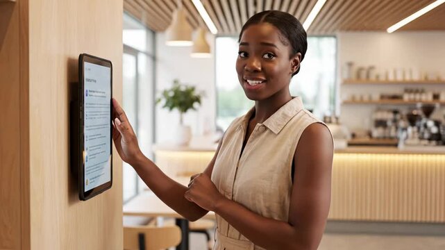 Young woman customer using a digital tablet for ordering in a modern coffee shop