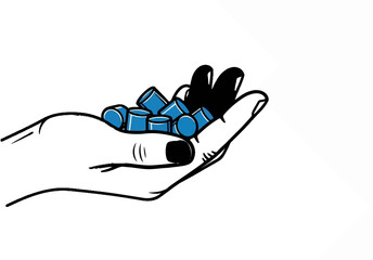 Hand holding small blue cylinder shapes against a white background