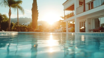 Fototapeta premium A tranquil pool reflecting the warm glow of the sunset, framed by palm trees and a charming villa, evoking a sense of relaxation and escape in paradise.