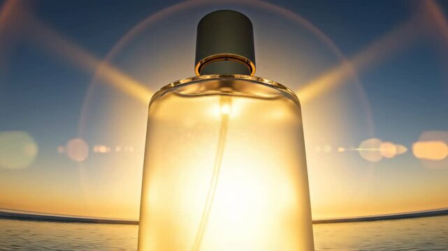 Elegant fragrance bottle backlit by sunset with cinematic dolly movement
