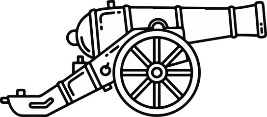 Fototapeta premium Line art of a vintage wheeled artillery cannon pointing right
