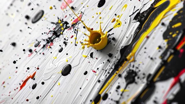 Colorful paint drops and splashes fall onto a textured white surface creating an abstract pattern