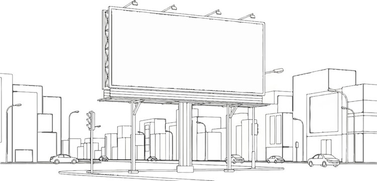 Large blank billboard in a city with cars and streetlights, sketch style